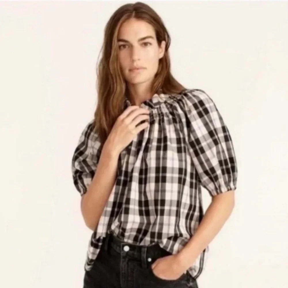 J.Crew Plaid Puff Sleeve Peasant Top Smocked Neck Cotton Blouse